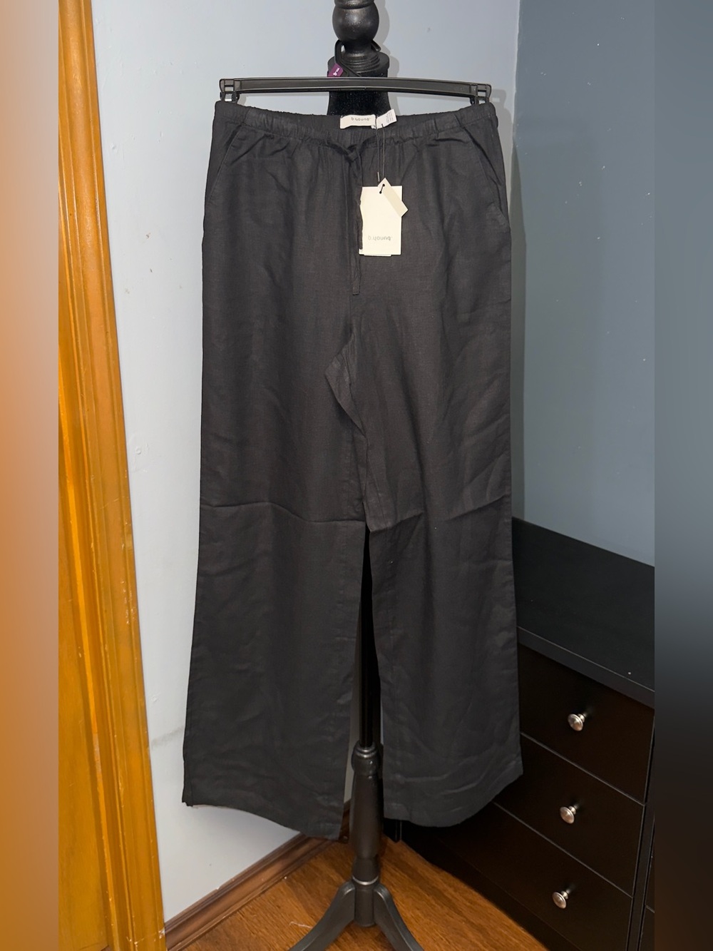 Wide-Leg Black Linen-Blend Drawstring Pants for Women